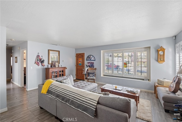 living room featuring a textured ceiling and hardwood / wood-style flooring