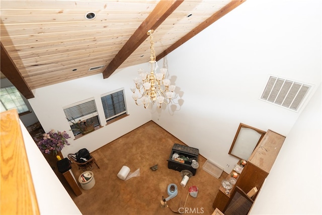 unfurnished living room with wood ceiling, an inviting chandelier, beamed ceiling, and high vaulted ceiling