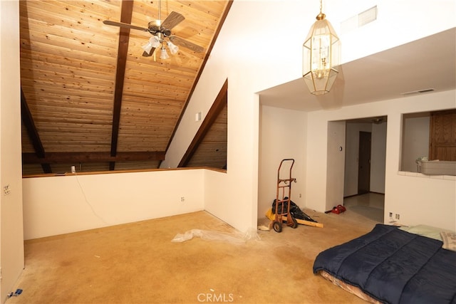 unfurnished bedroom with carpet flooring, wood ceiling, beam ceiling, and high vaulted ceiling