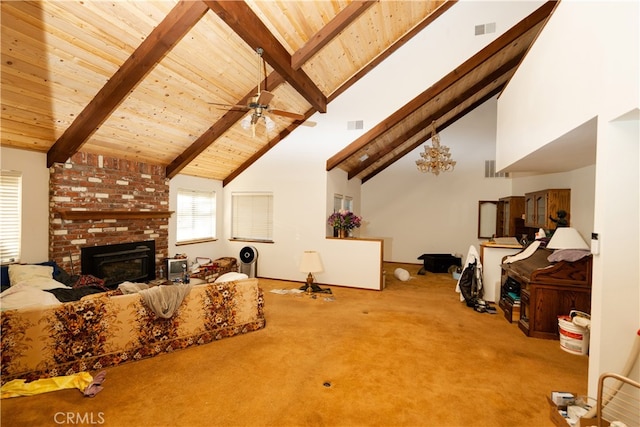 carpeted living room with high vaulted ceiling, a fireplace, beamed ceiling, wooden ceiling, and ceiling fan