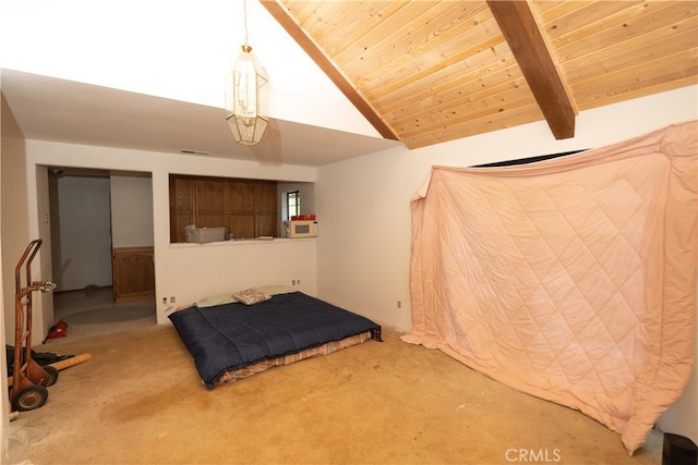 carpeted bedroom with wood ceiling and lofted ceiling with beams