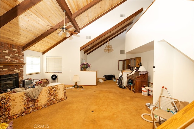 interior space featuring ceiling fan, wood ceiling, beam ceiling, a brick fireplace, and high vaulted ceiling