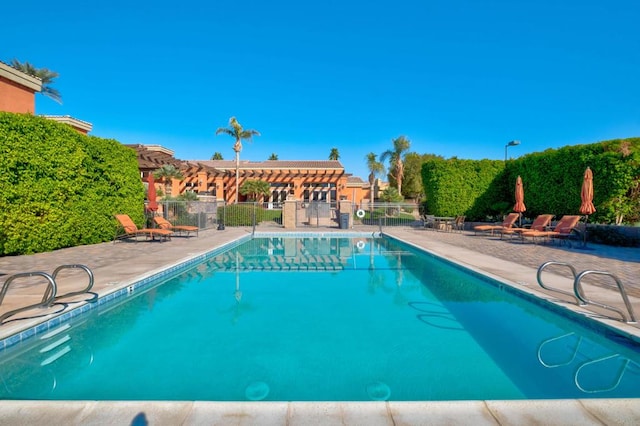 view of swimming pool featuring a patio area