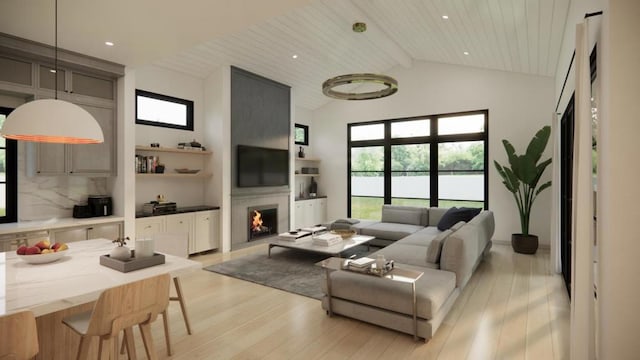 living room with high vaulted ceiling, wood ceiling, light hardwood / wood-style flooring, and beamed ceiling