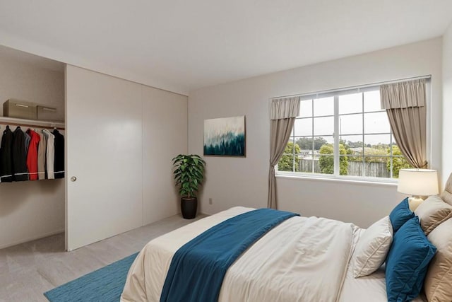 bedroom featuring a water view and a closet