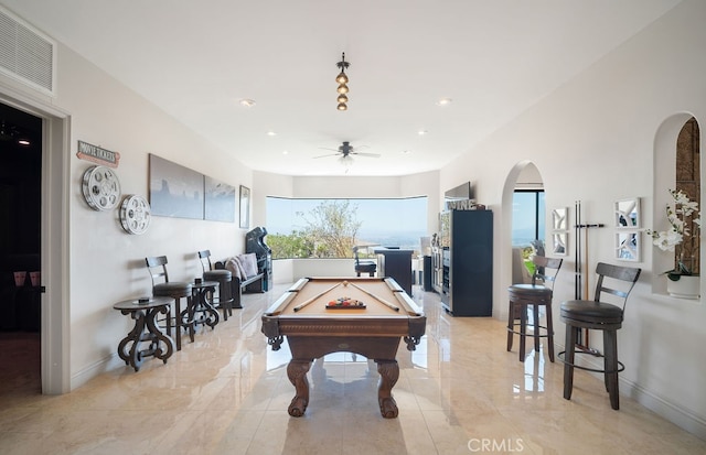 game room featuring pool table and ceiling fan