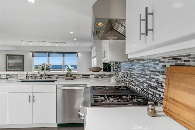 kitchen featuring white cabinets, sink, wall chimney range hood, and stainless steel dishwasher