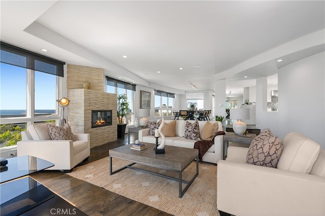 living room featuring a large fireplace, a water view, and hardwood / wood-style flooring