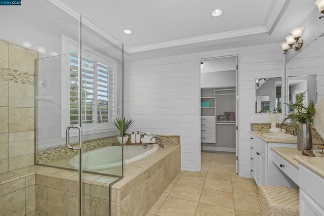 bathroom featuring tile patterned floors, vanity, independent shower and bath, and crown molding