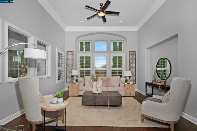 living room with a high ceiling, dark hardwood / wood-style floors, ceiling fan, and crown molding