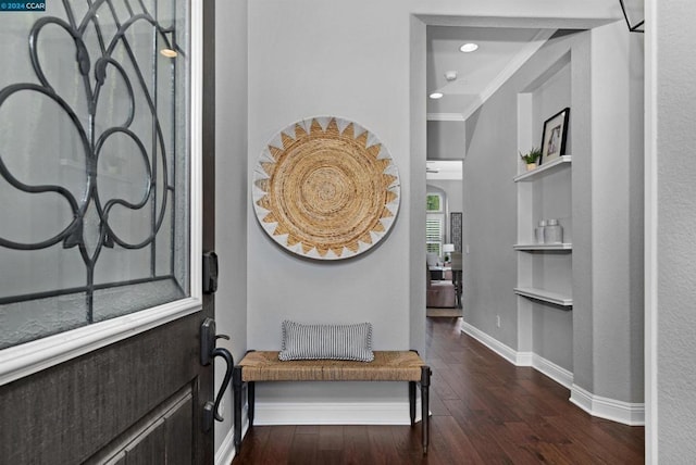 entrance foyer featuring a healthy amount of sunlight, crown molding, and dark wood-type flooring