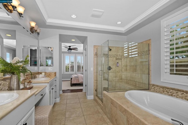 bathroom with vanity, tile patterned floors, ceiling fan, and ornamental molding