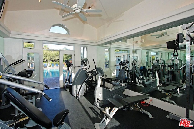 gym with ceiling fan and french doors