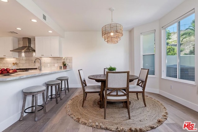 dining room with sink and dark wood-type flooring