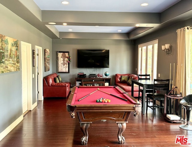 playroom with dark wood-type flooring and billiards