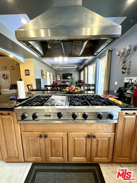 kitchen with stainless steel gas cooktop and island range hood