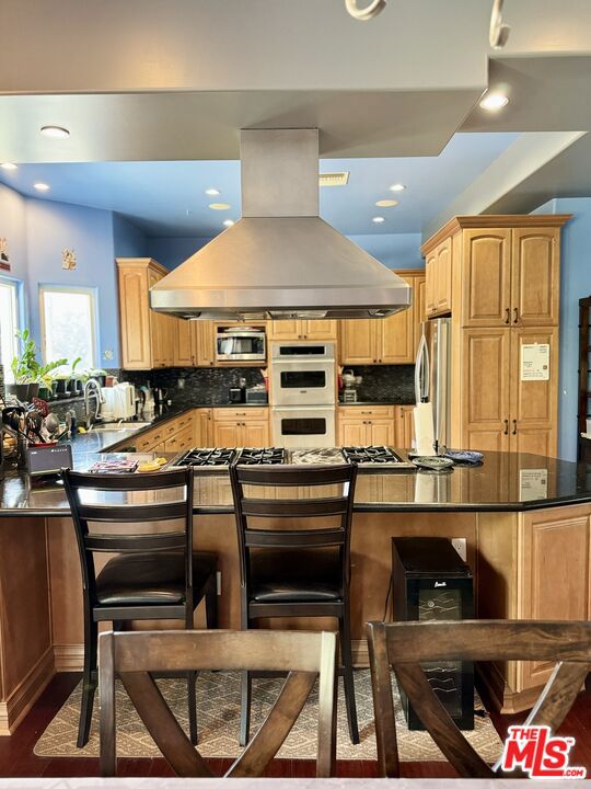 kitchen with appliances with stainless steel finishes, island range hood, dark wood-type flooring, and tasteful backsplash