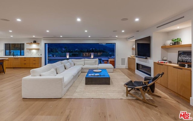 living room with sink and light hardwood / wood-style flooring