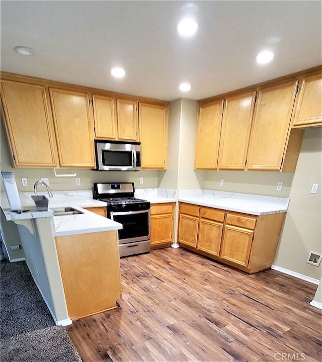 kitchen with appliances with stainless steel finishes, light hardwood / wood-style floors, sink, and kitchen peninsula