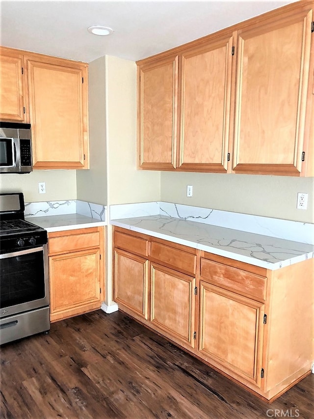 kitchen with appliances with stainless steel finishes, dark hardwood / wood-style floors, light brown cabinets, and light stone counters