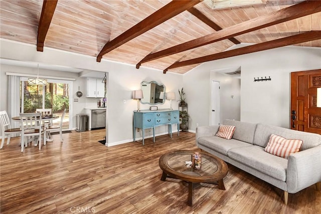 living room featuring light wood-type flooring, wooden ceiling, lofted ceiling with beams, and baseboards