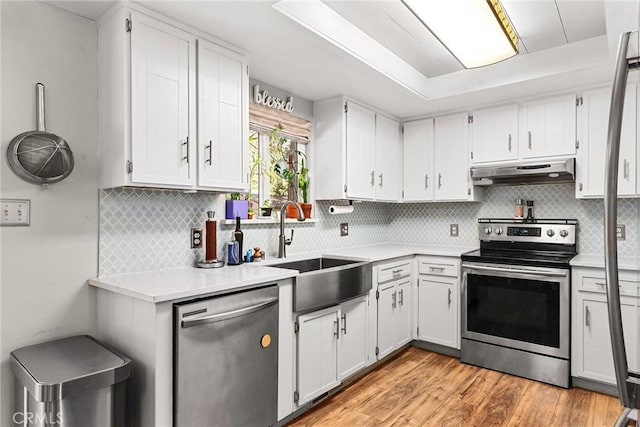 kitchen featuring light wood-style flooring, light countertops, under cabinet range hood, appliances with stainless steel finishes, and a sink