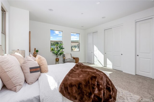 bedroom with light colored carpet and two closets