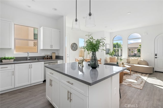 kitchen with stainless steel dishwasher, white cabinetry, hanging light fixtures, and hardwood / wood-style flooring