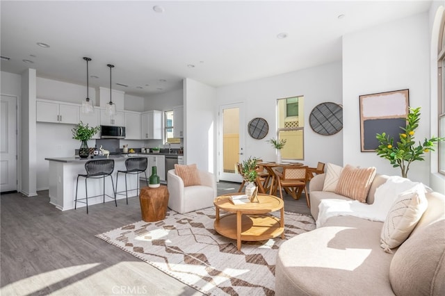 living room with light hardwood / wood-style floors and sink