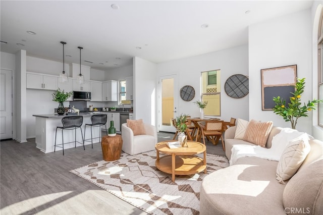 living room featuring sink and light hardwood / wood-style flooring