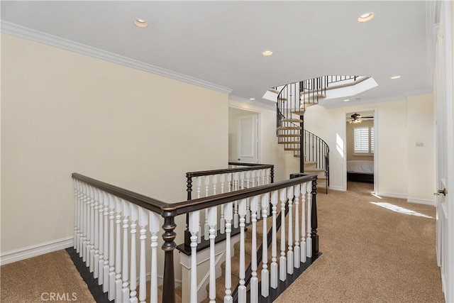 staircase featuring ceiling fan, ornamental molding, and carpet floors