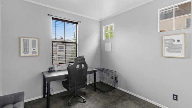 carpeted office featuring crown molding