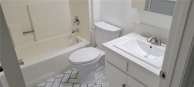 full bathroom with vanity, toilet, washtub / shower combination, and tile patterned floors