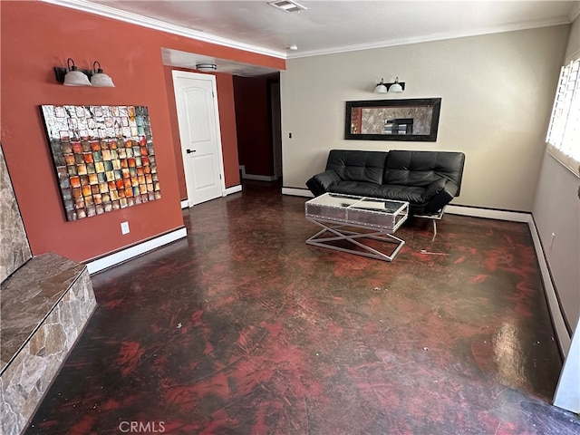 living area featuring crown molding and a baseboard heating unit