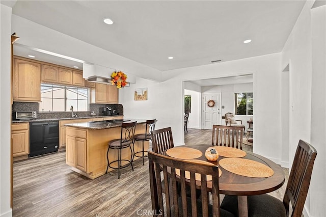 dining room featuring a wealth of natural light, sink, and hardwood / wood-style flooring