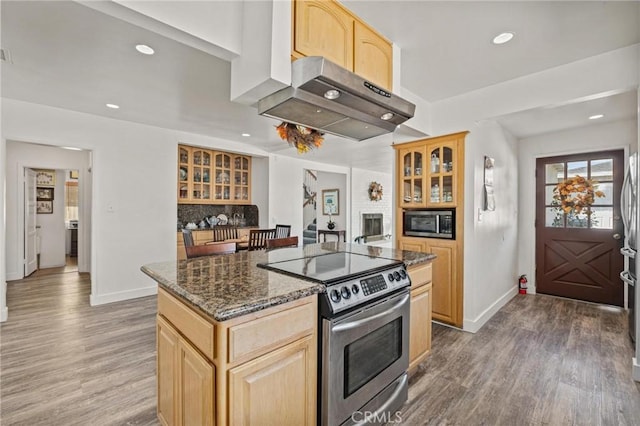 kitchen featuring dark hardwood / wood-style floors, light brown cabinetry, appliances with stainless steel finishes, and dark stone counters