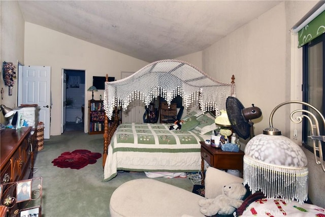 bedroom featuring lofted ceiling and carpet floors