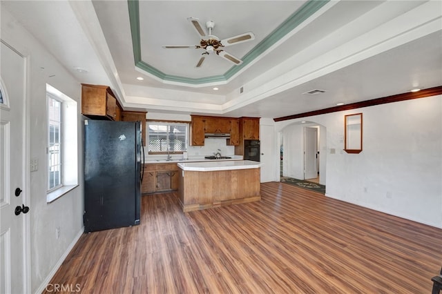 kitchen with a kitchen island, dark hardwood / wood-style floors, a tray ceiling, ornamental molding, and black appliances