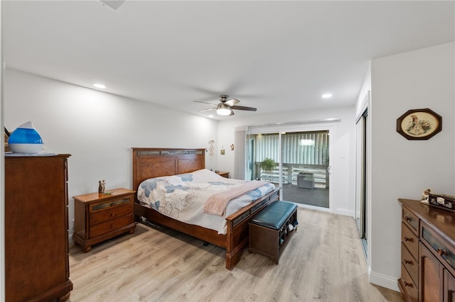 bedroom with ceiling fan, light hardwood / wood-style flooring, and access to exterior