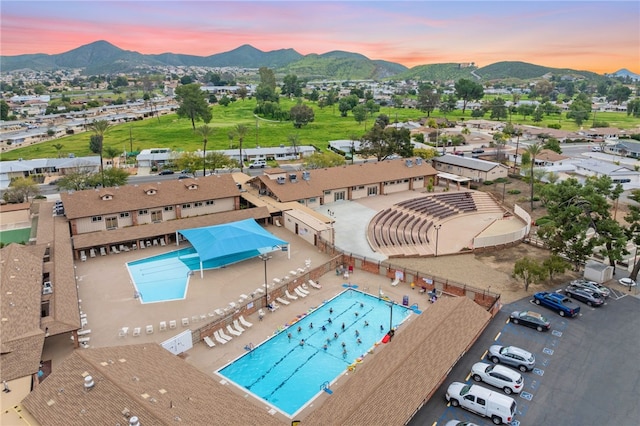 aerial view at dusk with a mountain view