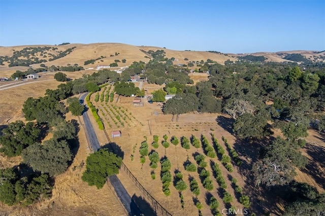 birds eye view of property featuring a mountain view and a rural view