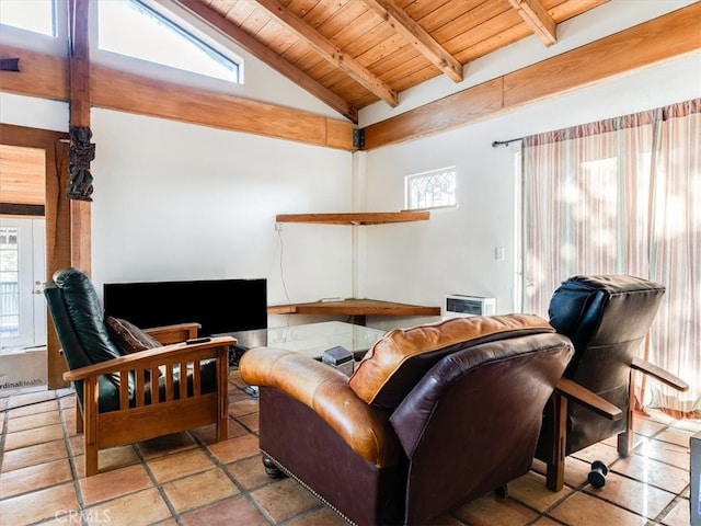 living room featuring vaulted ceiling with beams and wooden ceiling