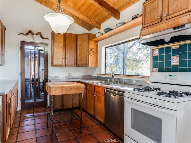 kitchen with wood ceiling, white gas range, vaulted ceiling with beams, stainless steel dishwasher, and sink