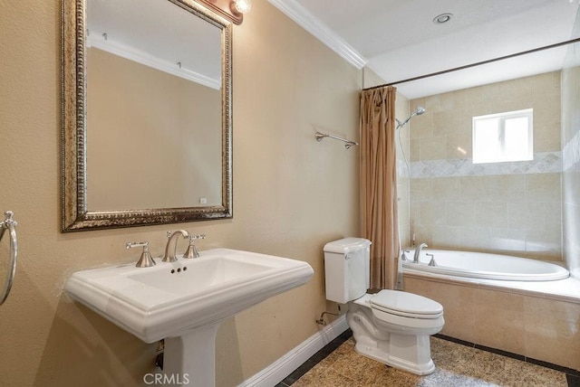 full bathroom with shower / bath combination with curtain, toilet, ornamental molding, and sink