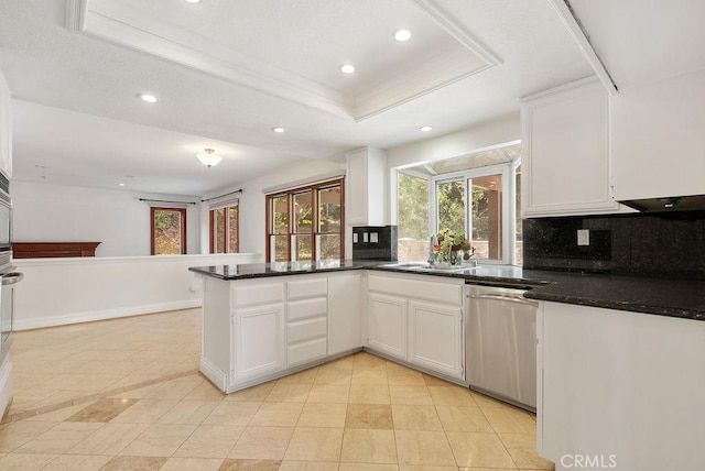 kitchen featuring white cabinetry, sink, tasteful backsplash, stainless steel dishwasher, and kitchen peninsula