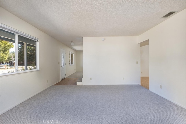 carpeted spare room with a textured ceiling