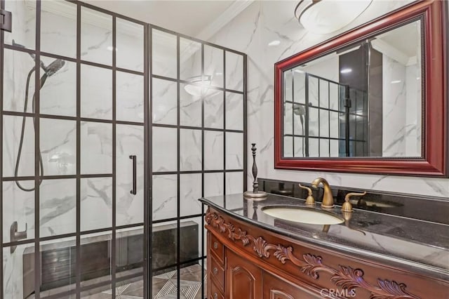 2611 Steeplechase Ln, Diamond Bar, CA 91765 - bathroom featuring a shower stall, vanity, and ornamental molding