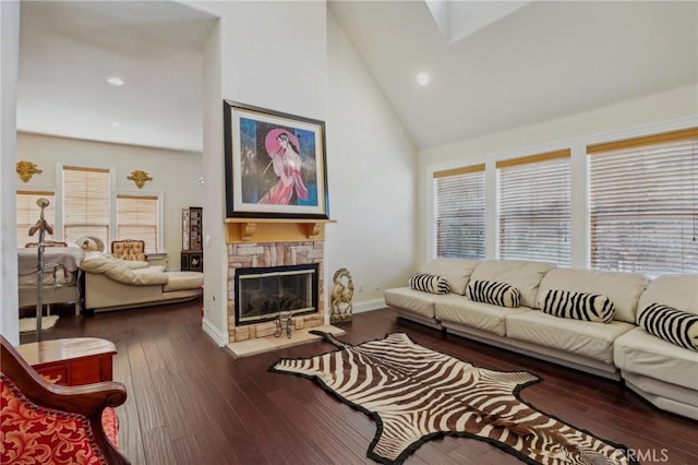 2611 Steeplechase Ln, Diamond Bar, CA 91765 - living area with high vaulted ceiling, a stone fireplace, hardwood / wood-style floors, baseboards, and recessed lighting