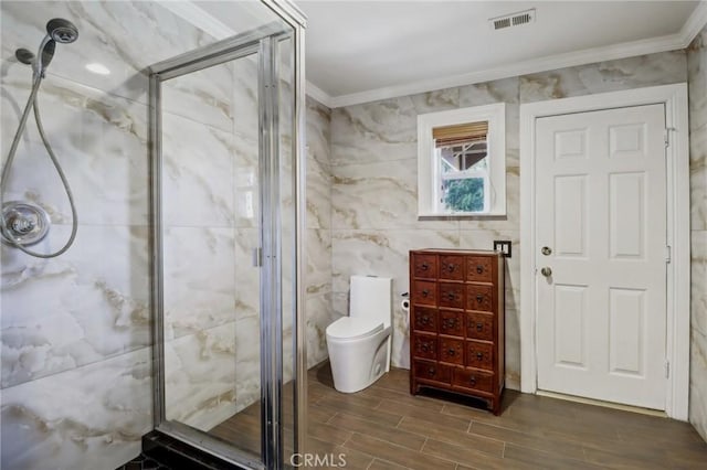 2611 Steeplechase Ln, Diamond Bar, CA 91765 - full bath with ornamental molding, wood finished floors, a stall shower, tile walls, and toilet