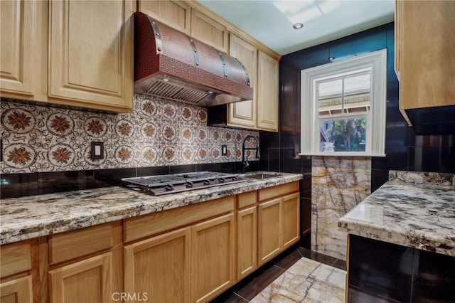 2611 Steeplechase Ln, Diamond Bar, CA 91765 - kitchen with stainless steel gas stovetop, custom range hood, a sink, and tasteful backsplash